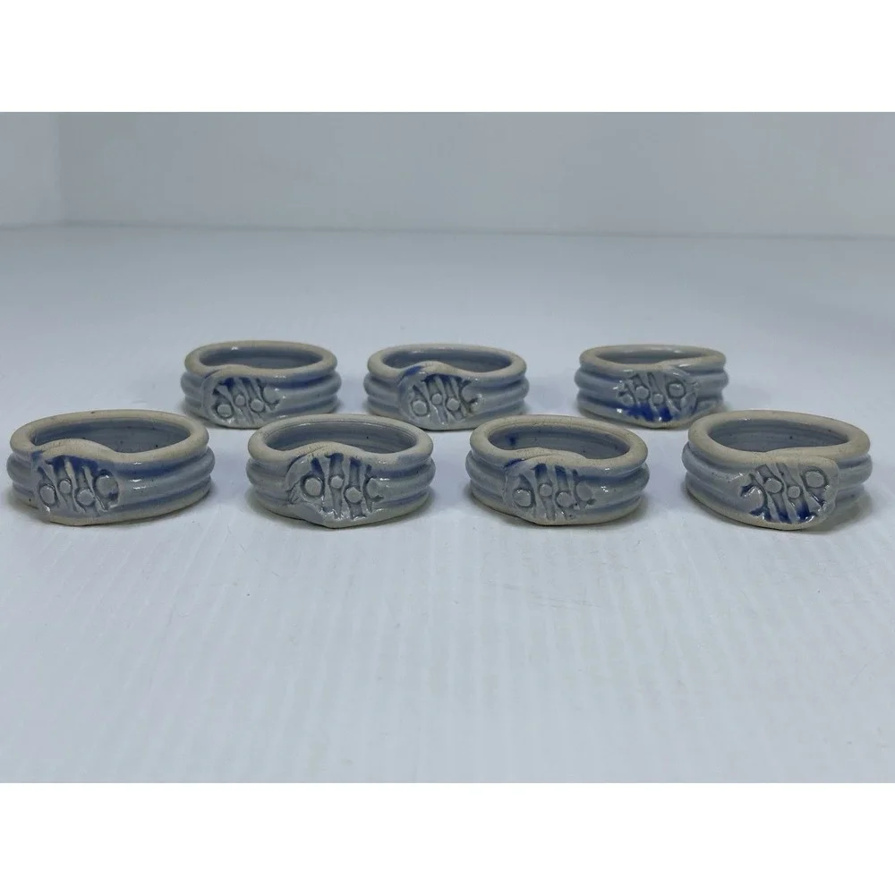 Handmade Pottery Napkin Rings Set of 4 Natural with Blue Accent